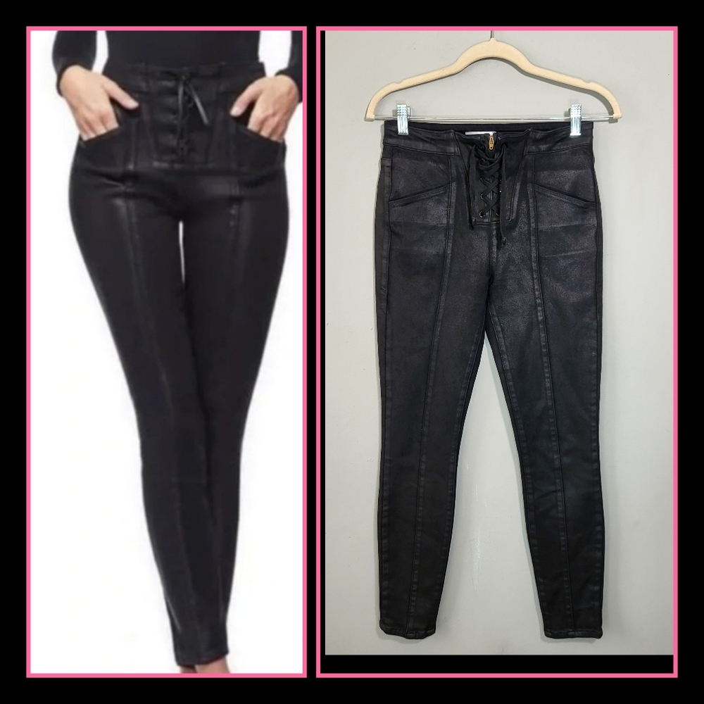 GOOD AMERICAN NWOT | Good Waist | Black Waxed Jeans | Tie Fly & Zipper | size 25